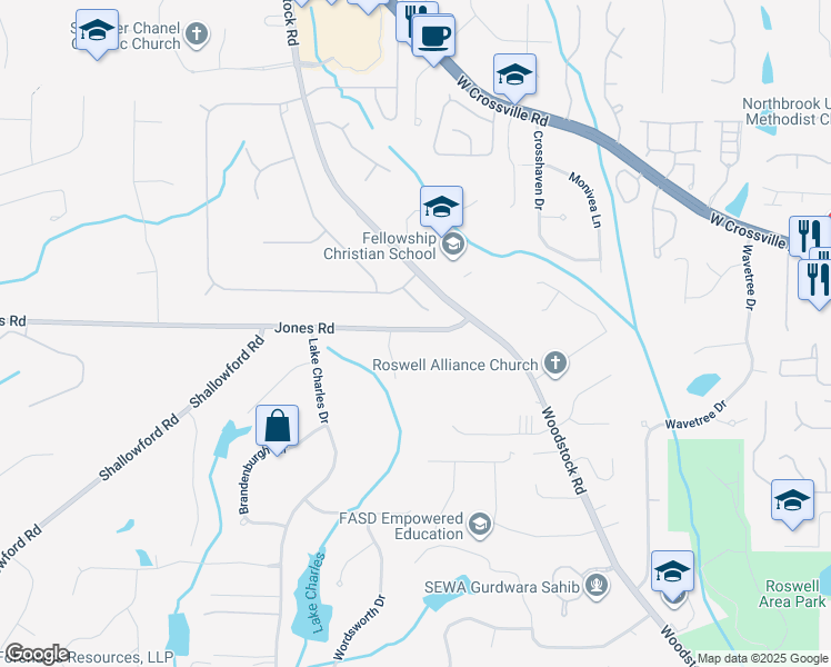 map of restaurants, bars, coffee shops, grocery stores, and more near 820 Trakehner Tarn in Roswell