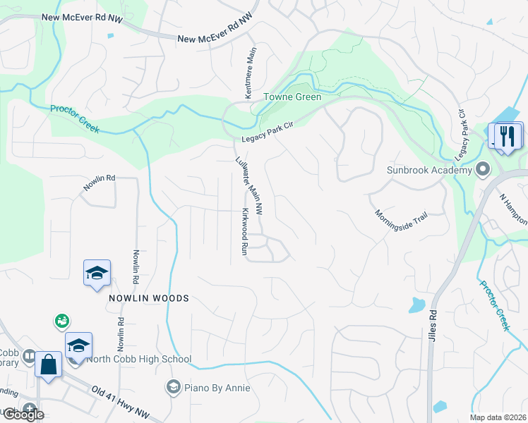 map of restaurants, bars, coffee shops, grocery stores, and more near 3942 Lullwater Main Northwest in Kennesaw