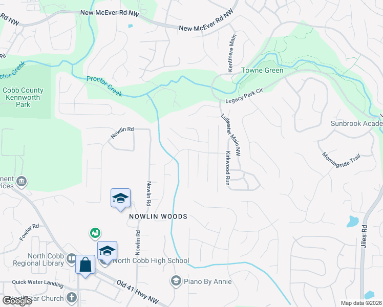 map of restaurants, bars, coffee shops, grocery stores, and more near 3821 Seattle Place Northwest in Kennesaw