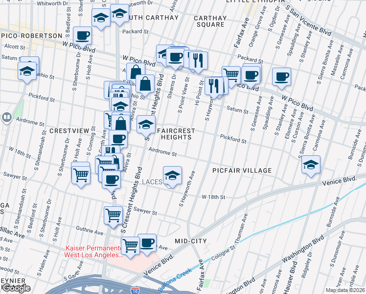 map of restaurants, bars, coffee shops, grocery stores, and more near 1647 Hi Point Street in Los Angeles
