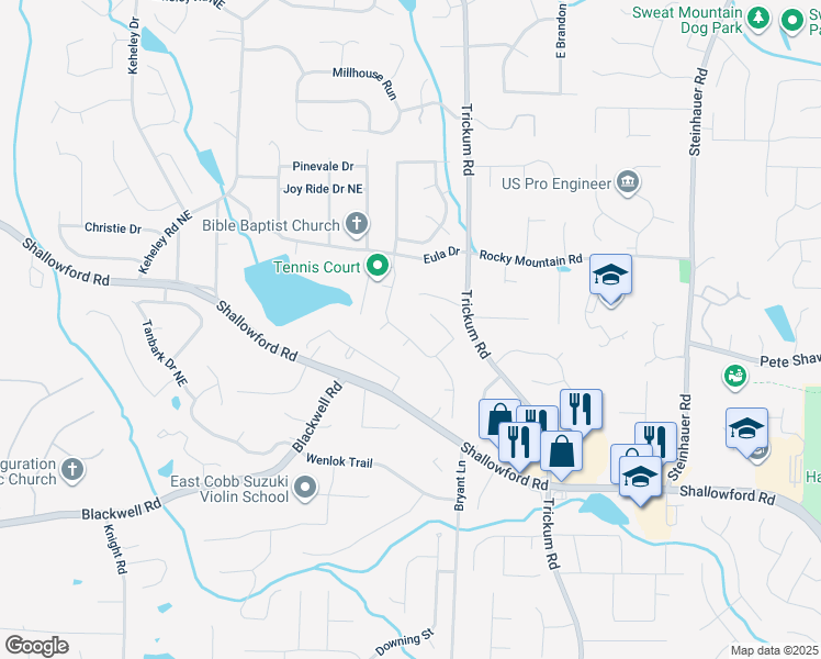 map of restaurants, bars, coffee shops, grocery stores, and more near 3944 Blustery Way Northeast in Marietta