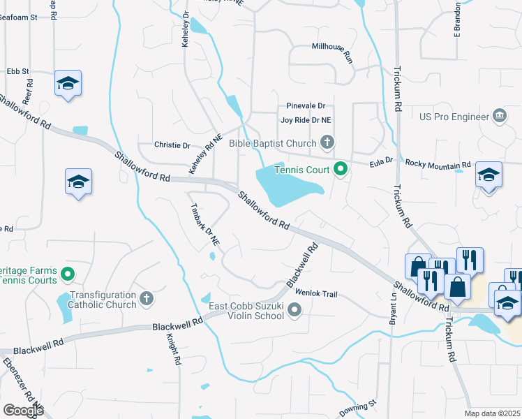 map of restaurants, bars, coffee shops, grocery stores, and more near 2021 Shallowford Road in Marietta
