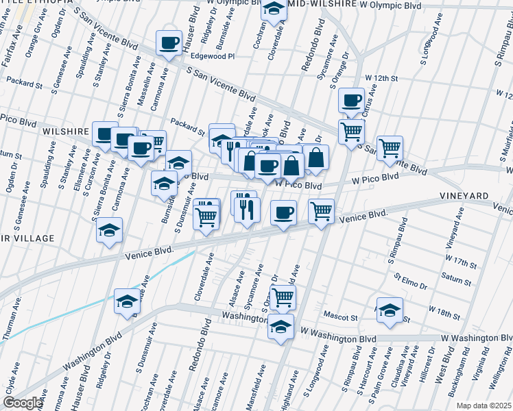 map of restaurants, bars, coffee shops, grocery stores, and more near 1435 South Redondo Boulevard in Los Angeles