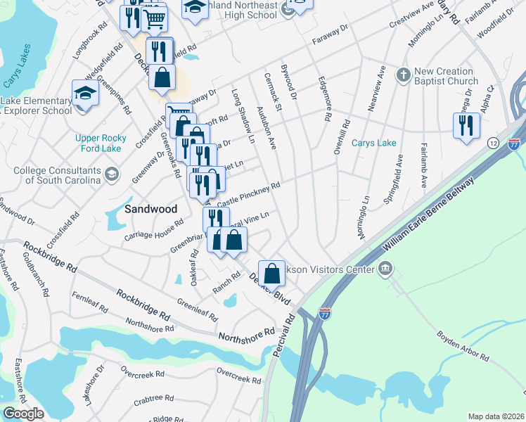 map of restaurants, bars, coffee shops, grocery stores, and more near 1131 Coral Vine Lane in Columbia