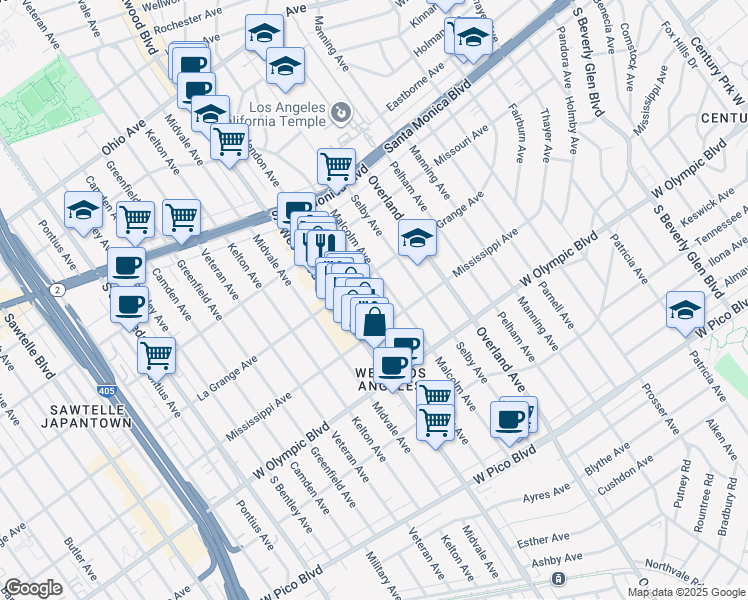 map of restaurants, bars, coffee shops, grocery stores, and more near 2026 Glendon Avenue in Los Angeles