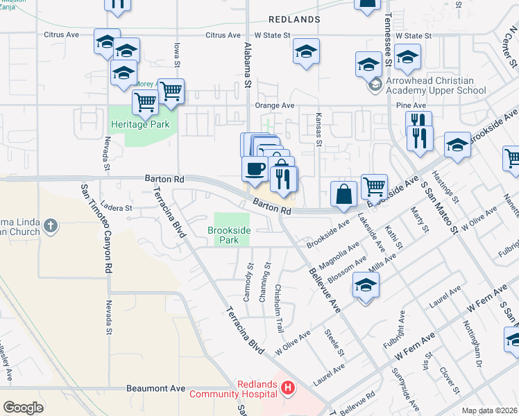 map of restaurants, bars, coffee shops, grocery stores, and more near 2 Barton Road in Redlands