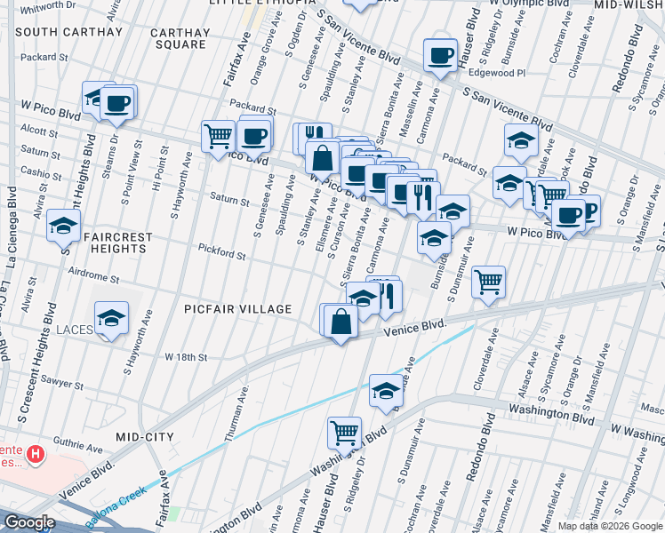 map of restaurants, bars, coffee shops, grocery stores, and more near 1536 South Curson Avenue in Los Angeles
