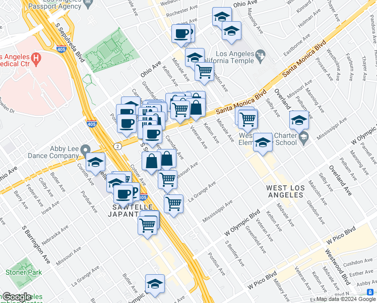 map of restaurants, bars, coffee shops, grocery stores, and more near 1865 Greenfield Avenue in Los Angeles