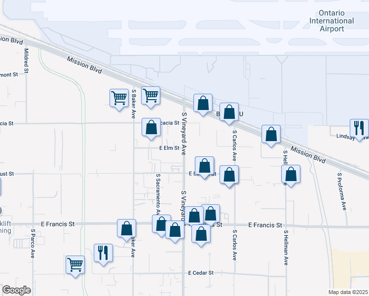 map of restaurants, bars, coffee shops, grocery stores, and more near in Ontario