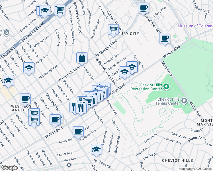 map of restaurants, bars, coffee shops, grocery stores, and more near 10437 Almayo Avenue in Los Angeles