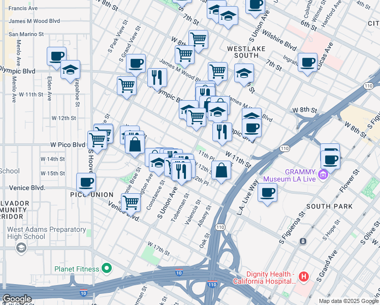 map of restaurants, bars, coffee shops, grocery stores, and more near 1143 South Union Avenue in Los Angeles