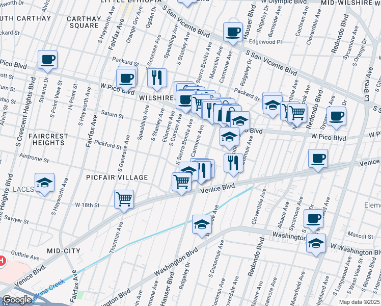 map of restaurants, bars, coffee shops, grocery stores, and more near 1525 Carmona Avenue in Los Angeles