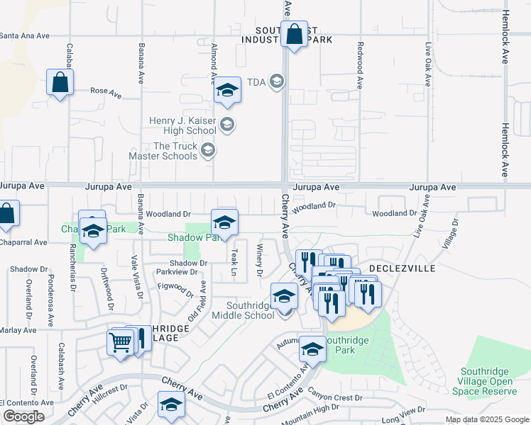 map of restaurants, bars, coffee shops, grocery stores, and more near 11375 Winery Drive in Fontana