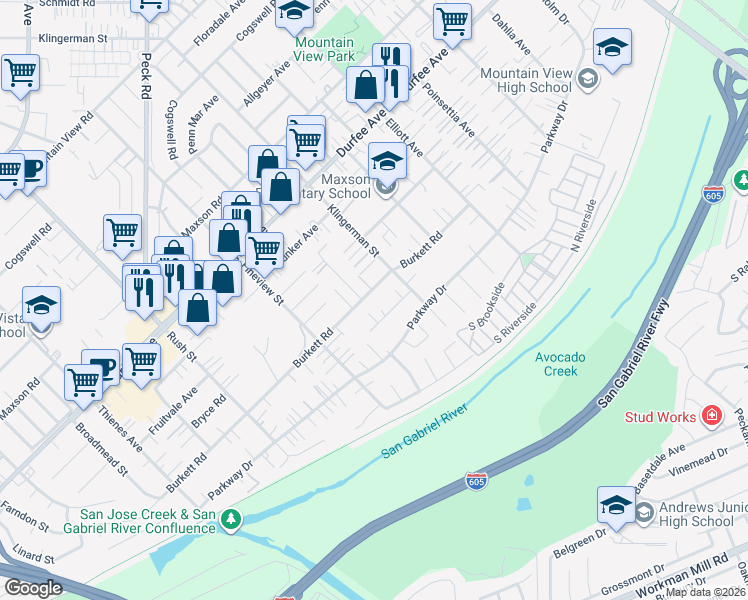 map of restaurants, bars, coffee shops, grocery stores, and more near 2306 Burkett Road in El Monte