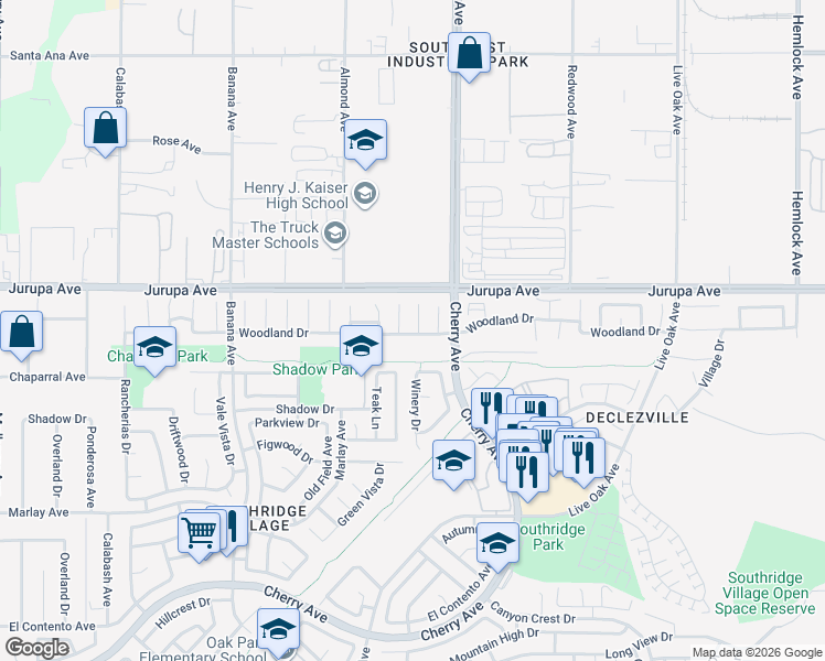 map of restaurants, bars, coffee shops, grocery stores, and more near 11376 Winery Drive in Fontana