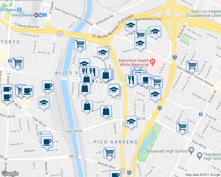 map of restaurants, bars, coffee shops, grocery stores, and more near 114 South Clarence Street in Los Angeles