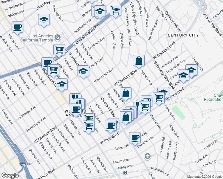 map of restaurants, bars, coffee shops, grocery stores, and more near 2201 Manning Avenue in Los Angeles
