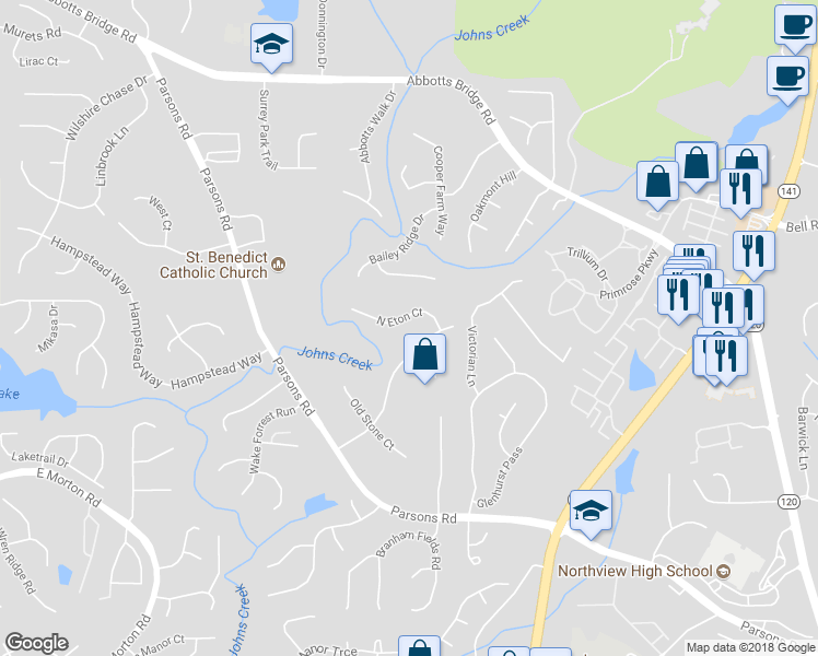 map of restaurants, bars, coffee shops, grocery stores, and more near 5930 North Eton Court in Duluth