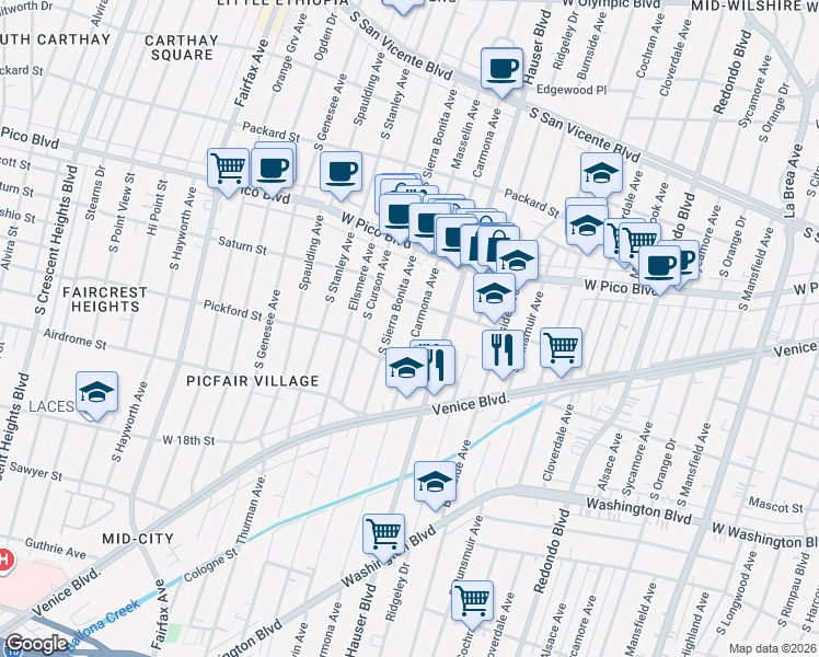map of restaurants, bars, coffee shops, grocery stores, and more near 1525 Carmona Avenue in Los Angeles