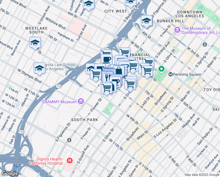 map of restaurants, bars, coffee shops, grocery stores, and more near 810 South Flower Street in Los Angeles