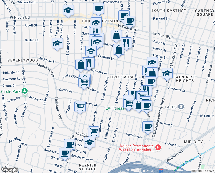 map of restaurants, bars, coffee shops, grocery stores, and more near 1752 Shenandoah Street in Los Angeles
