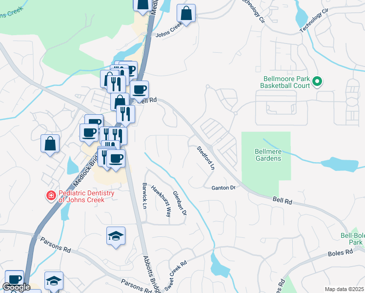 map of restaurants, bars, coffee shops, grocery stores, and more near 6400 Stapleford Lane in Duluth
