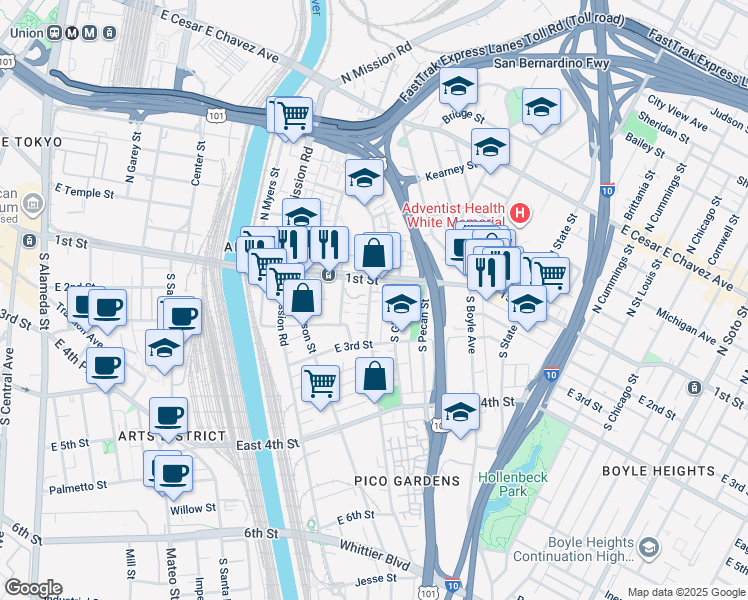 map of restaurants, bars, coffee shops, grocery stores, and more near 120 South Clarence Street in Los Angeles