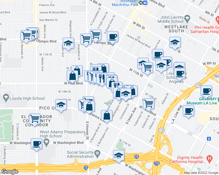 map of restaurants, bars, coffee shops, grocery stores, and more near 1929 West Pico Boulevard in Los Angeles