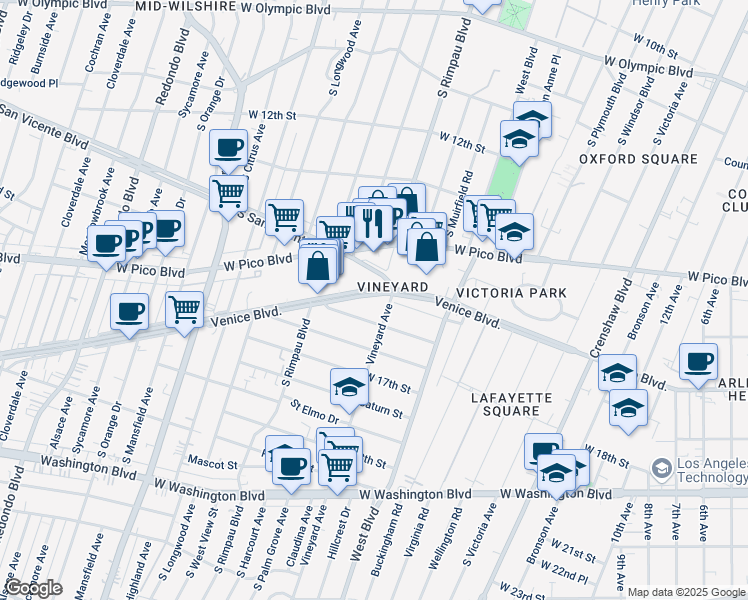 map of restaurants, bars, coffee shops, grocery stores, and more near 4614 Venice Boulevard in Los Angeles