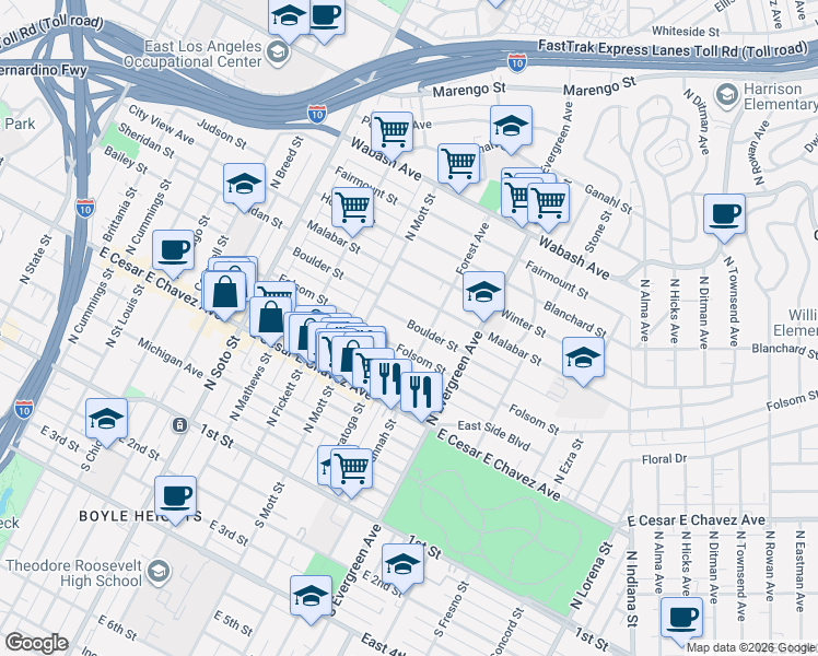 map of restaurants, bars, coffee shops, grocery stores, and more near 2732 Boulder Street in Los Angeles