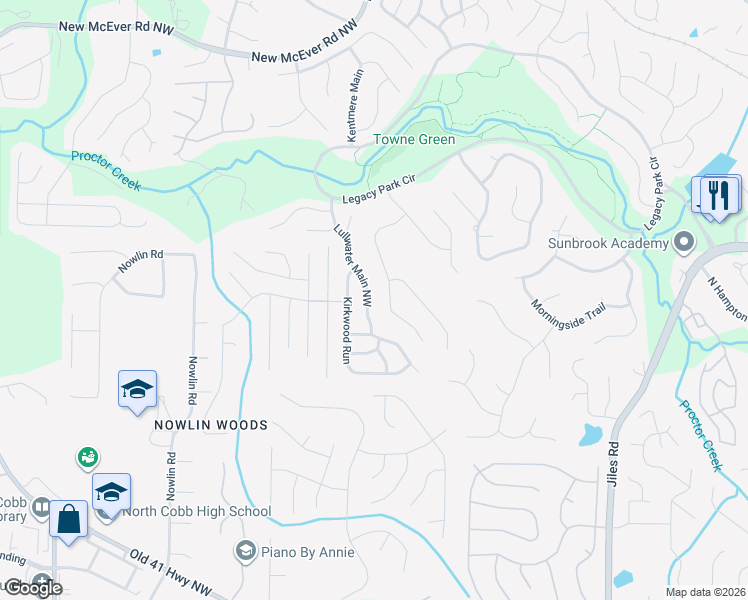 map of restaurants, bars, coffee shops, grocery stores, and more near 3942 Lullwater Main Northwest in Kennesaw