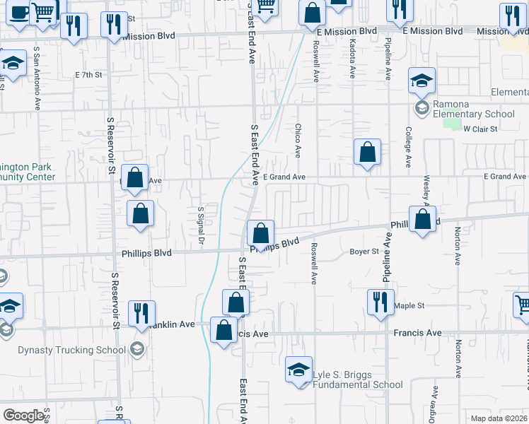 map of restaurants, bars, coffee shops, grocery stores, and more near 11430 Cumberland Lane in Pomona