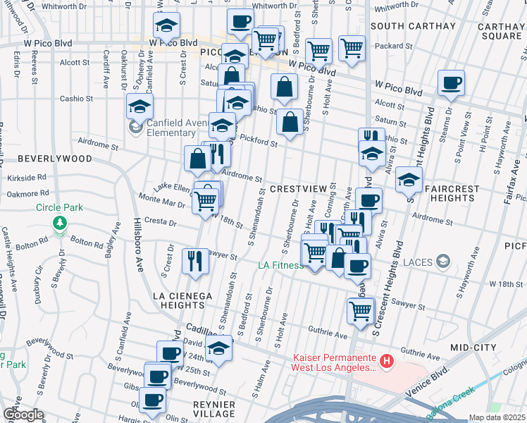 map of restaurants, bars, coffee shops, grocery stores, and more near 1752 Shenandoah Street in Los Angeles