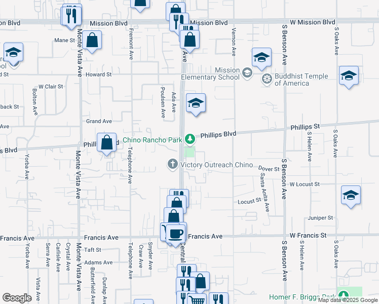 map of restaurants, bars, coffee shops, grocery stores, and more near 11385 Central Avenue in Chino