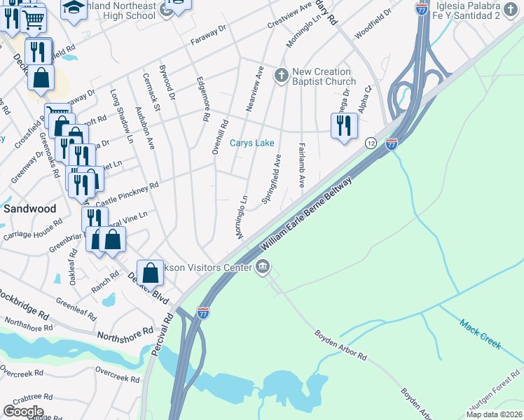 map of restaurants, bars, coffee shops, grocery stores, and more near 1722 Springfield Avenue in Columbia