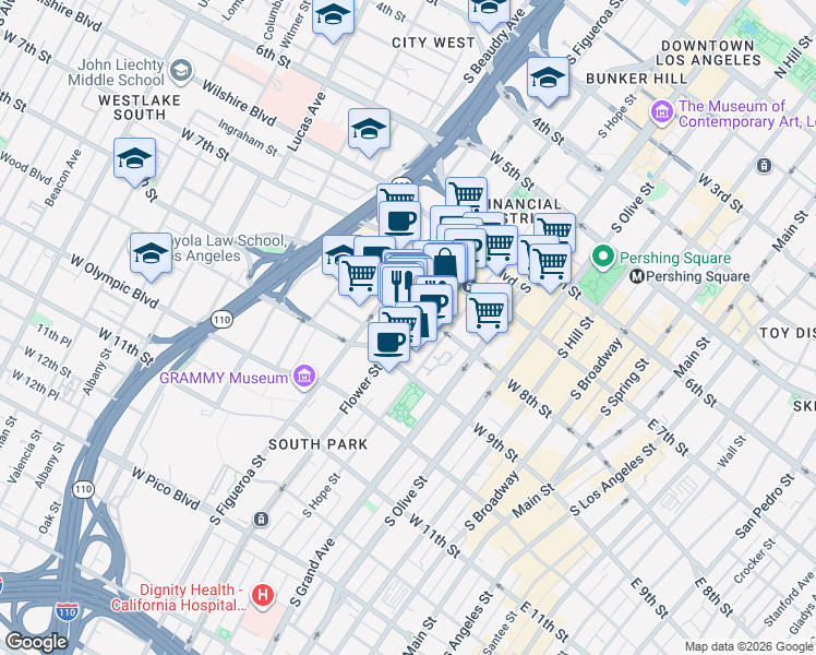 map of restaurants, bars, coffee shops, grocery stores, and more near 820 South Flower Street in Los Angeles