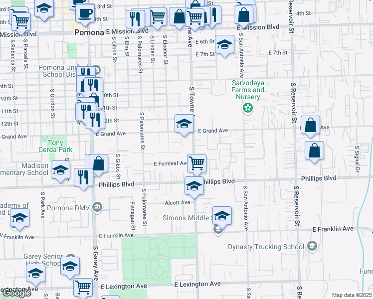 map of restaurants, bars, coffee shops, grocery stores, and more near 1367 South Towne Avenue in Pomona