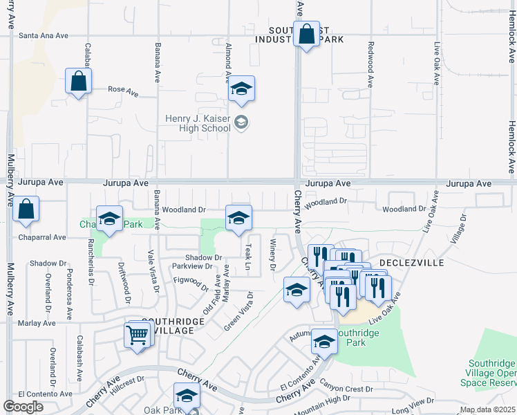 map of restaurants, bars, coffee shops, grocery stores, and more near 11376 Larchwood Drive in Fontana