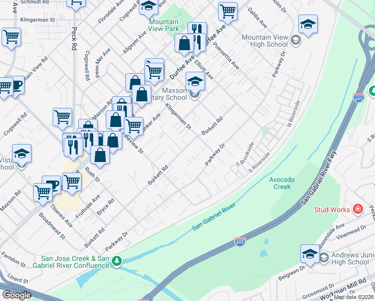 map of restaurants, bars, coffee shops, grocery stores, and more near 2306 Burkett Road in El Monte