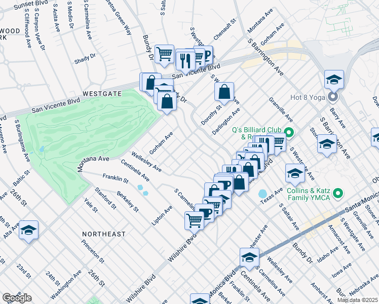 map of restaurants, bars, coffee shops, grocery stores, and more near 929 South Gretna Green Way in Los Angeles