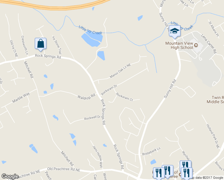 map of restaurants, bars, coffee shops, grocery stores, and more near 1875 Rocksram Drive in Buford