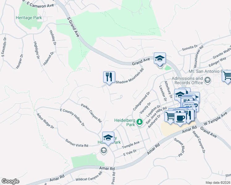 map of restaurants, bars, coffee shops, grocery stores, and more near 1658 Chestnut Hill Drive in Walnut