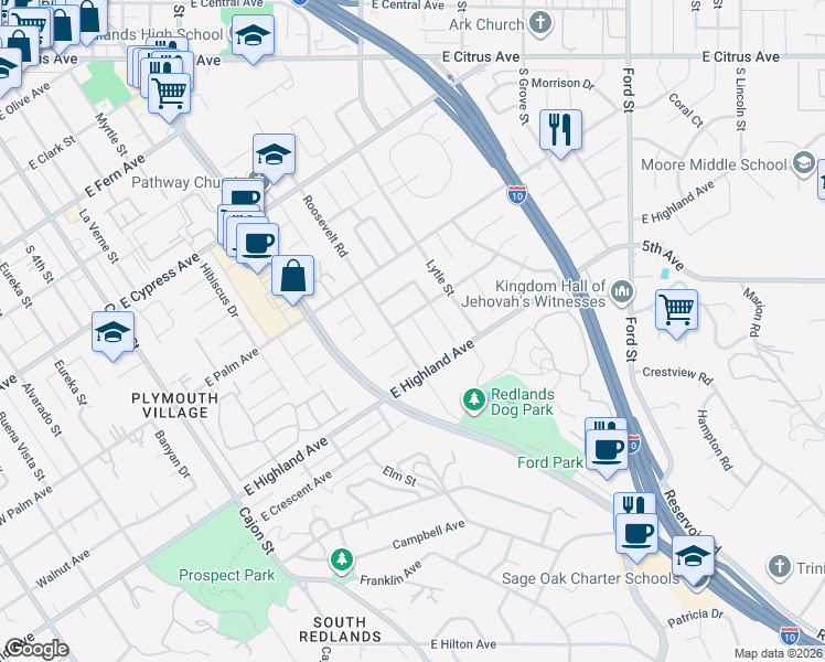 map of restaurants, bars, coffee shops, grocery stores, and more near 920 Coronado Drive in Redlands
