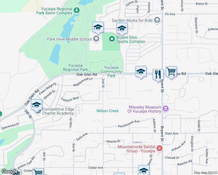 map of restaurants, bars, coffee shops, grocery stores, and more near 11401 West Serrano Square in Yucaipa