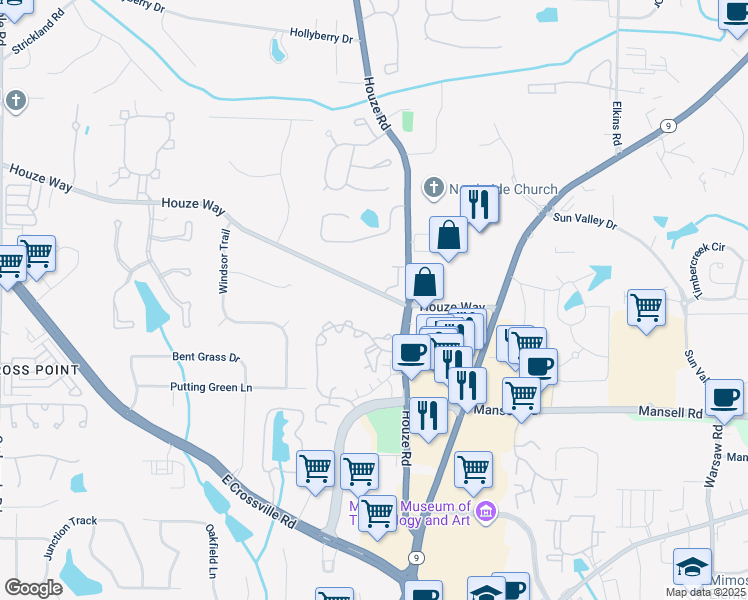 map of restaurants, bars, coffee shops, grocery stores, and more near 515 Houze Way in Roswell