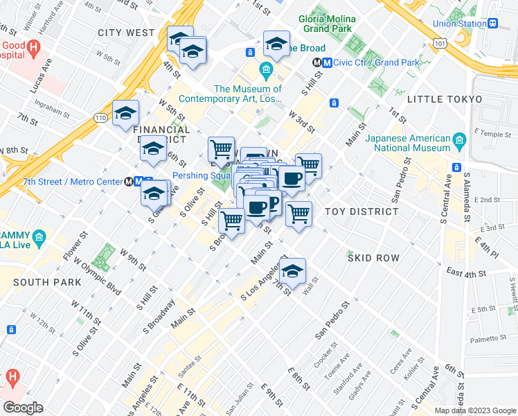 map of restaurants, bars, coffee shops, grocery stores, and more near 534 South Broadway in Los Angeles