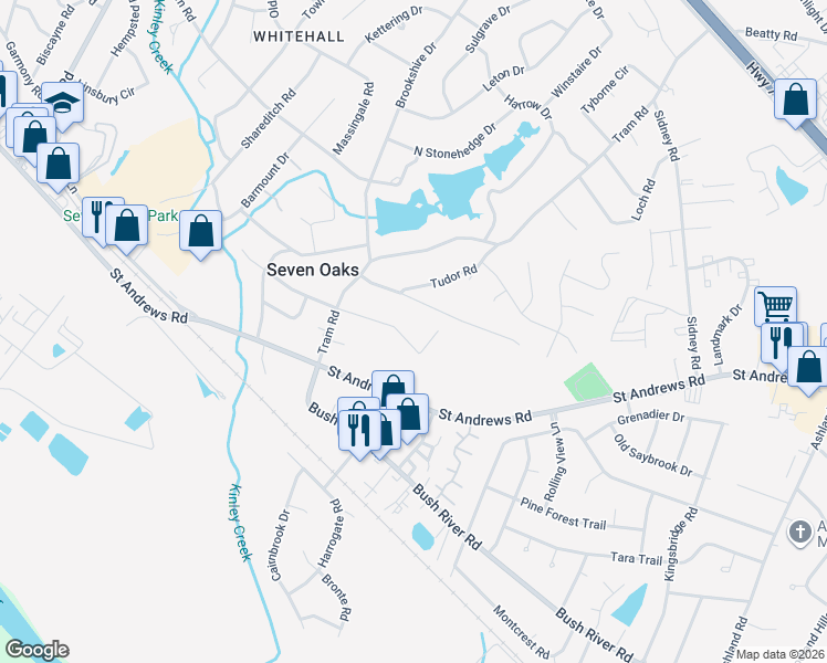map of restaurants, bars, coffee shops, grocery stores, and more near 249 Sandhurst Road in Columbia