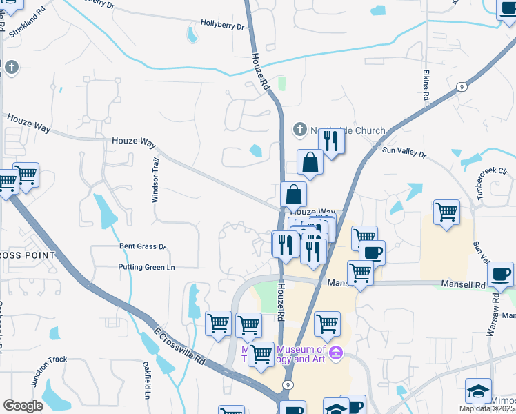 map of restaurants, bars, coffee shops, grocery stores, and more near 515 Houze Way in Roswell
