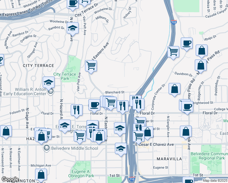 map of restaurants, bars, coffee shops, grocery stores, and more near 4335 Blanchard Street in East Los Angeles