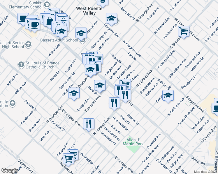 map of restaurants, bars, coffee shops, grocery stores, and more near 14418 Amar Road in La Puente
